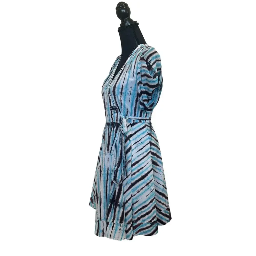 Diane Von Furstenberg Blue Tie Dye Wrap Dress SMALL Work Cotton Puff Sleeve $417 - Picture 9 of 11